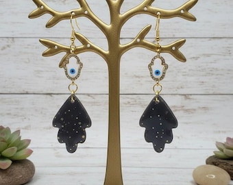 Handmade Evil Eye Clay Earrings with Hamsa Hand Symbol for Spiritual Protection