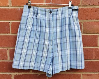 Vintage 70s High Waisted Cotton Shorts || Blue and Green Plaid Shorts || Size S