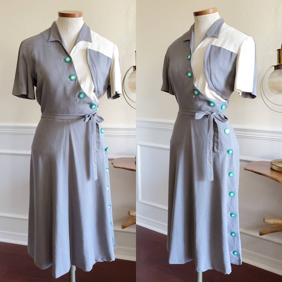 Vintage 1940s Two Tone Color Block Grey Day Dress