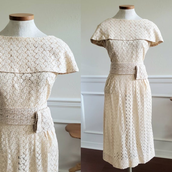 Vintage 1950s Cream Ivory Eyelet Wiggle Dress Size