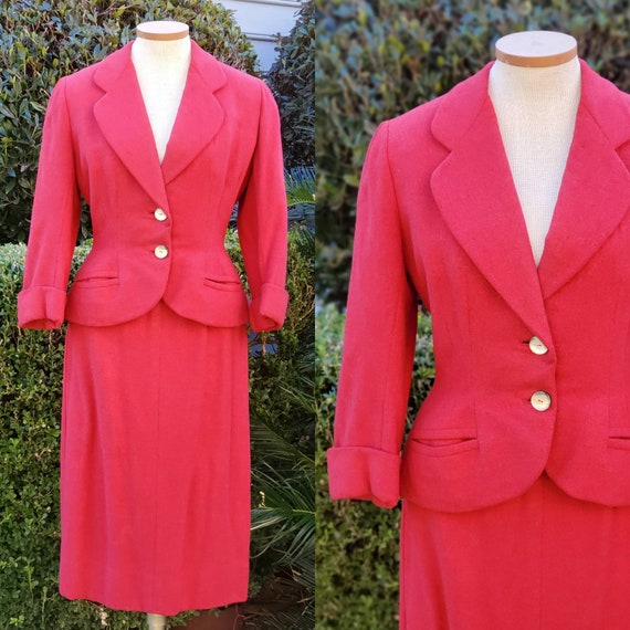 Medium 1980s Louis Feraud Suit Red Skirt Suit Wool Crepe Wool 