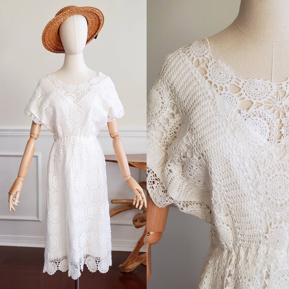 Vintage 1960s Mexican Crochet White Dress Size Sma