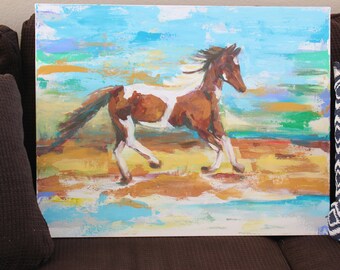 歩く馬のオリジナルヴィンテージ油絵/まだら模様の馬/ペイントポニー