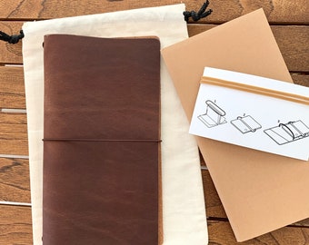 Standard size brown  leather traveler's notebook, Standard size leather cover brown, Standard size leather travel case.