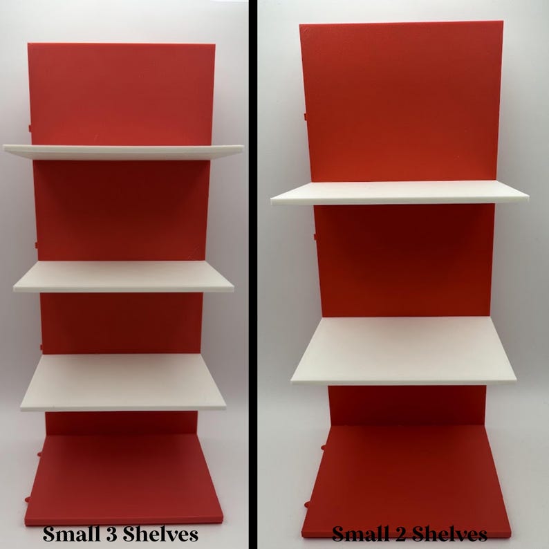 May include: Red and white display shelves. The shelves are red with white shelves. The image shows two different shelf designs, one with three shelves and the other with two shelves. The text at the bottom of the image reads "Small 3 Shelves" and "Small 2 Shelves".
