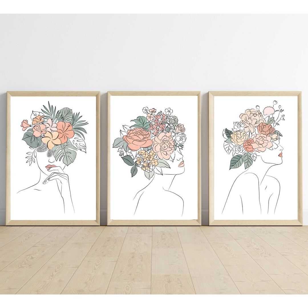 Floral Woman Line Art Print Set: Minimalist Boho Decor - Etsy