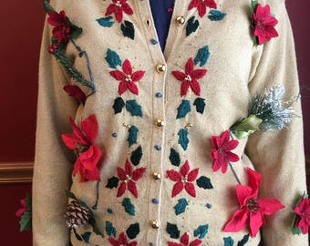 Poinsettia Christmas Sweater, Ugly Christmas Cardigan, Elfin Christmas clothing, Christmas button down, Fun holiday sweater,