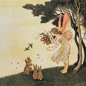 Tarjeta con ilustración de libro infantil antiguo, Anne toca la flauta, Ida Rentoul Outhwaite, El bosque encantado, 1921, tarjeta de 4 1/5 x 5 pulgadas