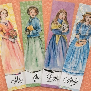 Zestaw 4 ręcznie robionych i laminowanych zakładek March Sister, Małe kobietki, Louisa May Alcott