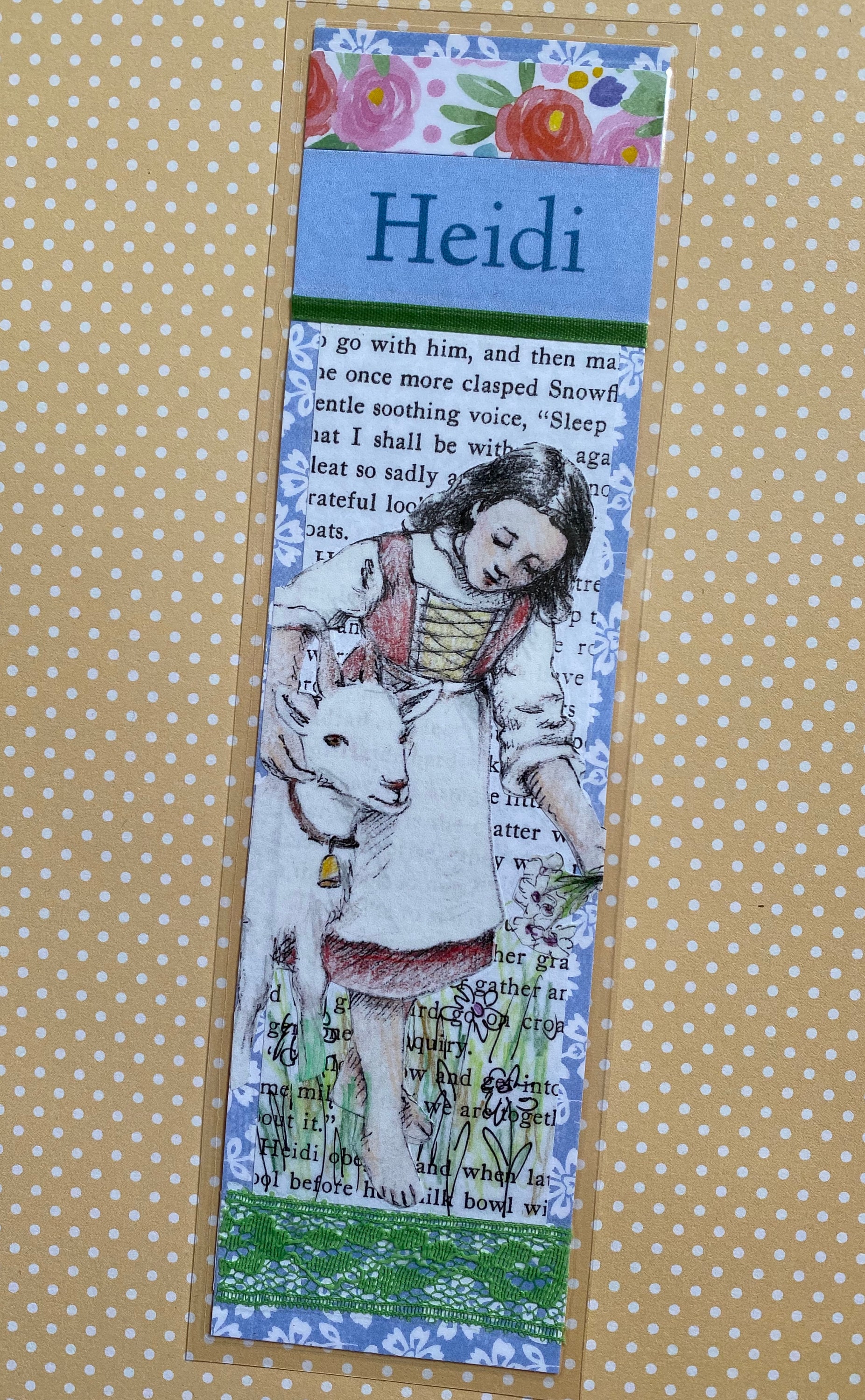 Heidi handmade Bookmark, Johanna Spyri, original pen and ink and collage  art, 2x8 inches laminated