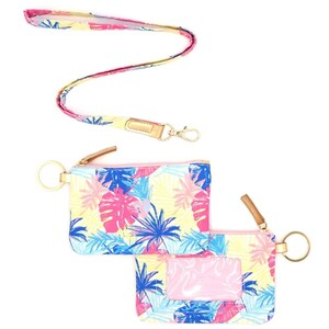 ID Wallet and Detachable Lanyard Set Hand Drawn Tropical Leaves