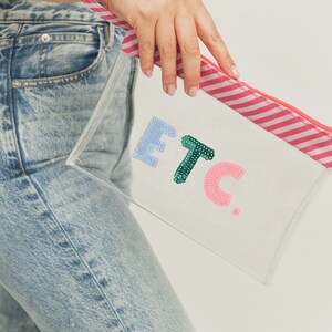 Sequin Letter ETC. Clear Transparent Pouch With Wrist Strap