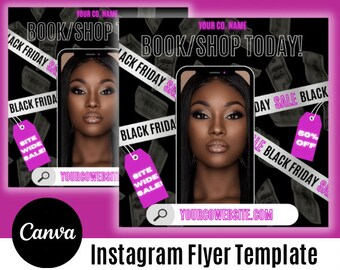 May include: Instagram flyer template with a black background and a pink border. The flyer features a woman's face in a phone frame, with text that reads "BOOK/SHOP TODAY!" and "BLACK FRIDAY SALE." Includes a "SITE WIDE SALE!" tag and a "50% OFF" tag.