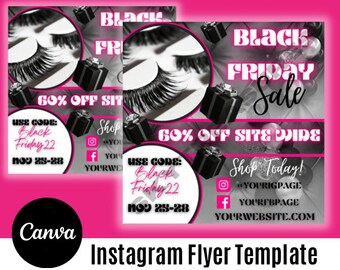 May include: A pink and black Instagram flyer template for a Black Friday sale. The design includes text that says "Black Friday Sale" and "60% off site wide". The flyer also features images of eyelashes and gift boxes.