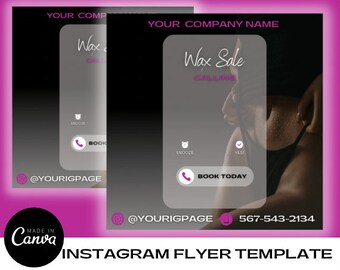 Könnte beinhalten: Instagram-Flyer-Vorlage mit einem rosa und schwarzen Farbverlaufshintergrund. Der Flyer enthält den Text "Wax Sale Calling" und ein Telefonsymbol mit den Worten "Book Today". Der Flyer enthält auch den Text "Your Company Name" und "@Yourigpage".