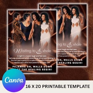 以下が含まれることがあります： エレガントなドレスを着た女性グループが特徴の印刷可能なテンプレート。デザインには「Waiting to Exhale」のテキストとインスピレーションを与える引用が含まれています。テンプレートのサイズは40.6 x 50.8 cmです。
