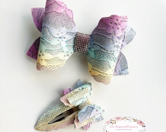Pastel Lace bling bow or snap clip bow