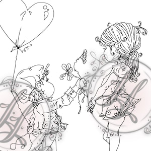 In Love Littles Digi Stamp INSTANT DOWNLOAD Girl and Boy Flowers and Balloons Cute Digital Stamp