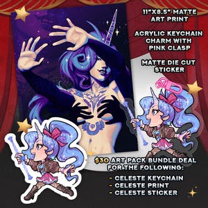 May include: An art pack bundle featuring an 11 inch by 8.5 inch matte art print of a unicorn-themed character, an acrylic keychain charm with a pink clasp, and a matte die-cut sticker, all depicting a character with blue hair and a horn.