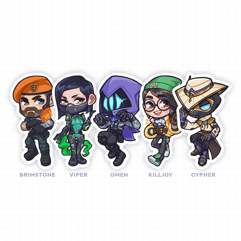 Puede incluir: Cinco pegatinas de personajes de dibujos animados coloridos con personajes del videojuego Valorant. Los personajes son Brimstone, Viper, Omen, Killjoy y Cypher. Cada pegatina tiene el nombre del personaje impreso debajo.