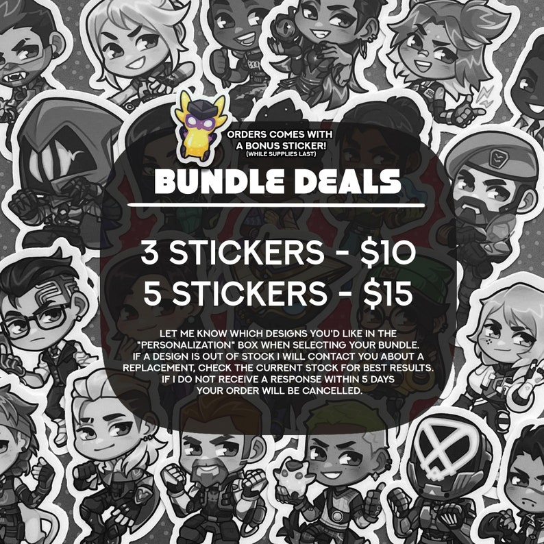 Puede incluir: Una ilustraci&oacute;n digital de un conjunto de pegatinas con varios personajes. Las pegatinas est&aacute;n disponibles en paquetes de 3 por 10 &euro; o 5 por 15 &euro;. El texto "ORDERS COMES WITH A BONUS STICKER! (WHILE SUPPLIES LAST)" y "BUNDLE DEALS" se muestra en la parte superior de la imagen.
