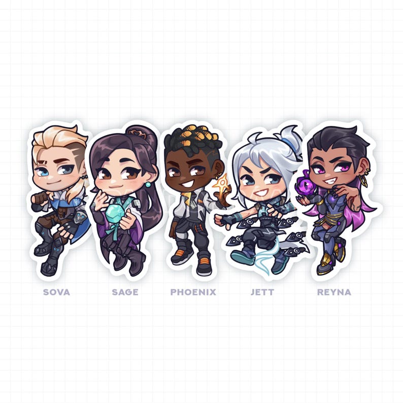 Puede incluir: Cinco personajes de dibujos animados del videojuego Valorant. Los personajes son Sova, Sage, Phoenix, Jett y Reyna. Cada personaje est&aacute; representado en un estilo chibi con una cabeza grande y un cuerpo peque&ntilde;o. Los personajes llevan todos sus atuendos y armas caracter&iacute;sticos.