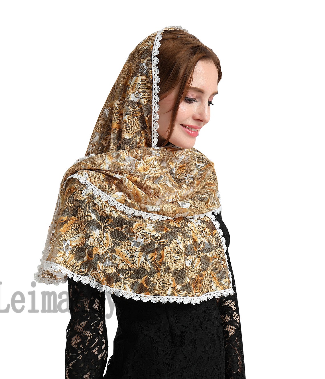 Voile D'église Catholique Pour Femmes (mantille) - Forme D, Broderie Florale Bleue Sur Tulle - Taille Unique (env. 104x64 Cm) - Avec Pinces à Cheveux - 6