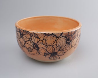 Orange floral ceramic bowl, flower bowl, handmade, unique, gift, cereal bowl, cute bowl, decorative bowl, salad bowl, pottery