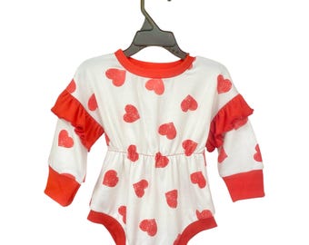Red heart valentines baby girl sweater romper, oversized sweater bodysuit, Valentines Day themed birthday, toddler Valentine outfit