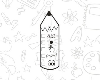 Pode incluir: Uma ilustração em preto e branco de um lápis com uma pergunta de múltipla escolha. A pergunta é "ABC" e as opções de resposta são "c-a-t" e outras duas opções. O lápis tem olhos e uma mão apontando para a resposta correta.