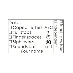 Puede incluir: Lista de verificación en blanco y negro con casillas de verificación para "Letras mayúsculas ABC", "Puntos", "Espacios para los dedos", "Palabras a la vista" y "Sonidos fuera". La lista de verificación también incluye una sección para "Independiente" y "Asistente del maestro" con casillas de verificación. El texto "Fecha:" y "Tu nombre" también está incluido.