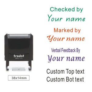 personalized teacher checked by stamp, marked by stamp, verbal feedback given stamp, custom teacher name stamps, teacher Xmas gift stamp