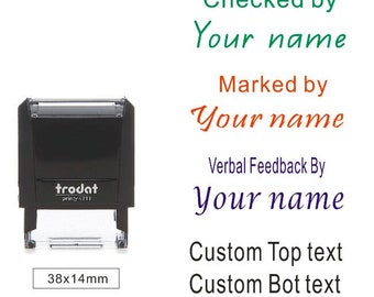 personalized teacher checked by stamp, marked by stamp, verbal feedback given stamp, custom teacher name stamps, teacher Xmas gift stamp