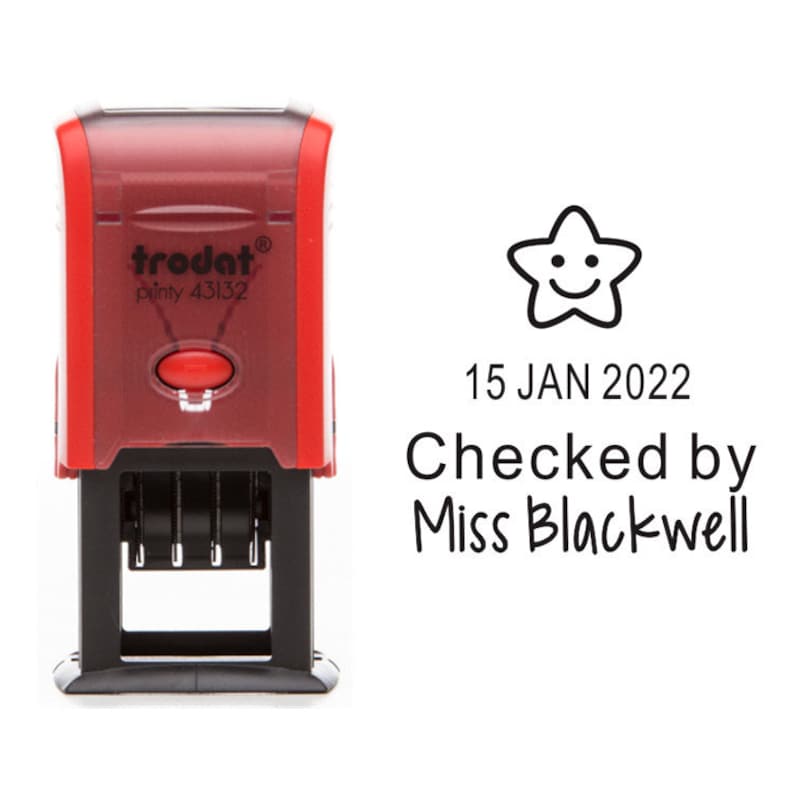 May include: Red self-inking stamp with the text "trodat&reg; printy 43132" and a black frame. The stamp is used to mark a document with the date "15 JAN 2022" and the text "Checked by Miss Blackwell". A black and white smiley face star is above the text.