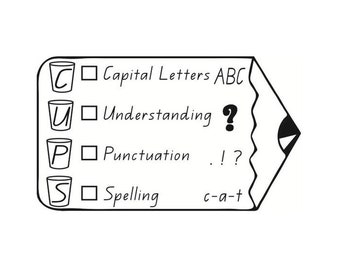 Könnte beinhalten: Eine Checkliste mit einem Bleistift-Symbol, beschriftet "CUPS" mit folgenden Punkten: Großbuchstaben ABC, Verständnis, Zeichensetzung und Rechtschreibung.