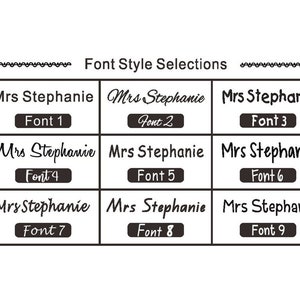 May include: Nine different font styles for the name "Mrs Stephanie" displayed in a grid. Each font style is labeled with a number from 1 to 9.