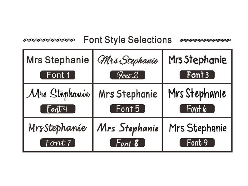 May include: Nine different font styles for the name "Mrs Stephanie" displayed in a grid. Each font style is labeled with a number from 1 to 9.