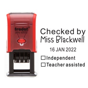 May include: Red self-inking stamp with the text "trodat® printy 43132" and a red button. The stamp is used to mark "Checked by Miss Blackwell 16 JAN 2022" with a checkbox for "Independent" and "Teacher assisted".