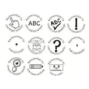 Alphabetisierung Statement Stempel Set, Punkt, überprüfen Sie Ihre Rechtschreibung Stempel, Finger Leerzeichen, verwenden Sie Großbuchstaben Stempel, Lehrer Checkliste Stempel