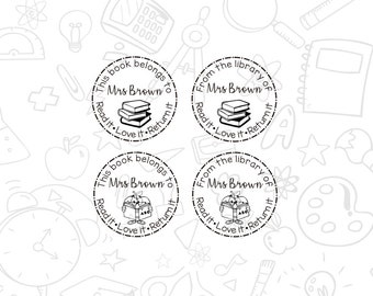 May include: Four black and white circular library stamps with a dotted border. The stamps feature the text "This book belongs to Mrs. Brown" and "From the library of Mrs. Brown". The stamps also include the text "Read it. Love it. Return it" and a graphic of a stack of books or a person reading a book.