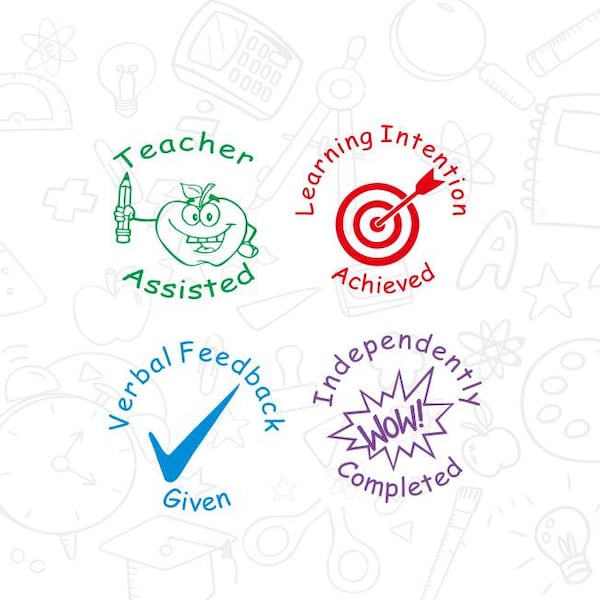 Juego de 4 sellos para profesores, con asistencia del profesor, intención de aprendizaje lograda, retroalimentación verbal proporcionada, completado de forma independiente.