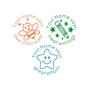 Personnalisé 3pcs / packs Tampon enseignant, tampon enseignant pré-encré, tampons personnalisés de l’enseignant, tampons de travail utiles aux abeilles, écriture proche, cadeau pour l’enseignant