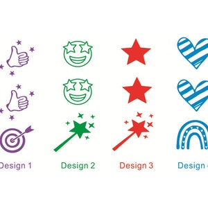 May include: Four different designs for a sticker set. Design 1 features a purple target with an arrow, Design 2 features a green wand with a star, Design 3 features a red star with a wand, and Design 4 features a blue rainbow with hearts.