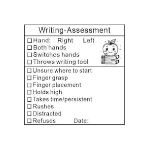May include: Black and white checklist for assessing writing skills. The checklist includes categories such as hand dominance, finger grasp, and whether the child rushes or is distracted. There is a space for the date and a cartoon apple with a smiling face.