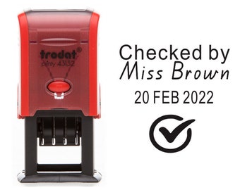 personalized teacher checked by stamp, teacher stamp, date stamp, checked by with date stamp, teacher Xmas gifts stamp
