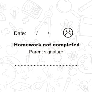 Op de afbeelding: Zwart-witte huiswerkherinnering met een verdrietige emoji en de tekst "Huiswerk niet af" en "Handtekening ouder:".