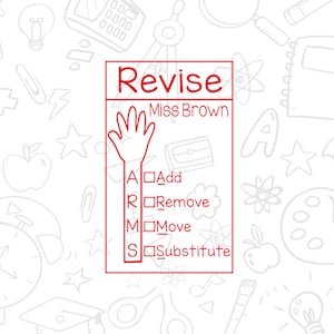 Puede incluir: Una lista de verificación roja y blanca con las palabras "Revise" y "Miss Brown" en la parte superior. La lista de verificación tiene cuatro opciones: Agregar, Eliminar, Mover y Sustituir. Una mano roja apunta a la primera opción, Agregar.