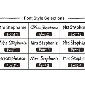 May include: Nine different font styles for the name "Mrs Stephanie" displayed in a grid. Each font style is labelled with a number from 1 to 9.