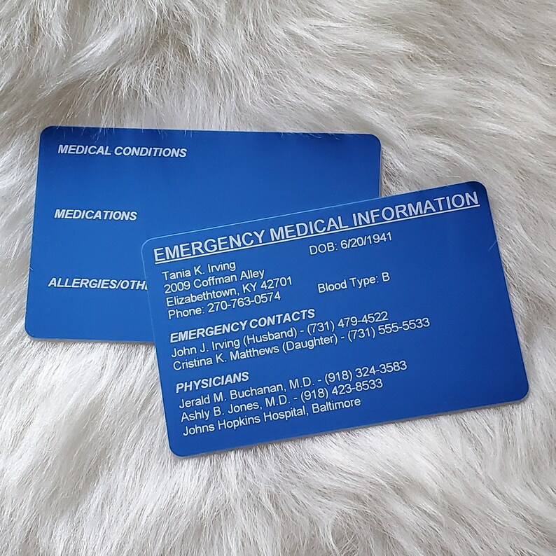 Emergency Medical Information Card Etsy
