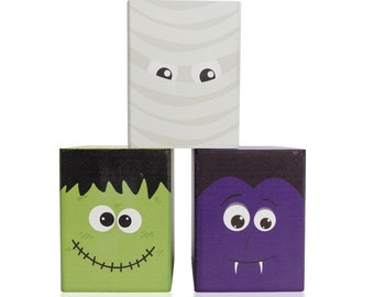 Madanar Halloween Character Wood Blocks 3 Piece Set Tier Tray Home Decor Farmhouse Table Sign Shelf Decorations Mummy, Frankenstein, Dracula